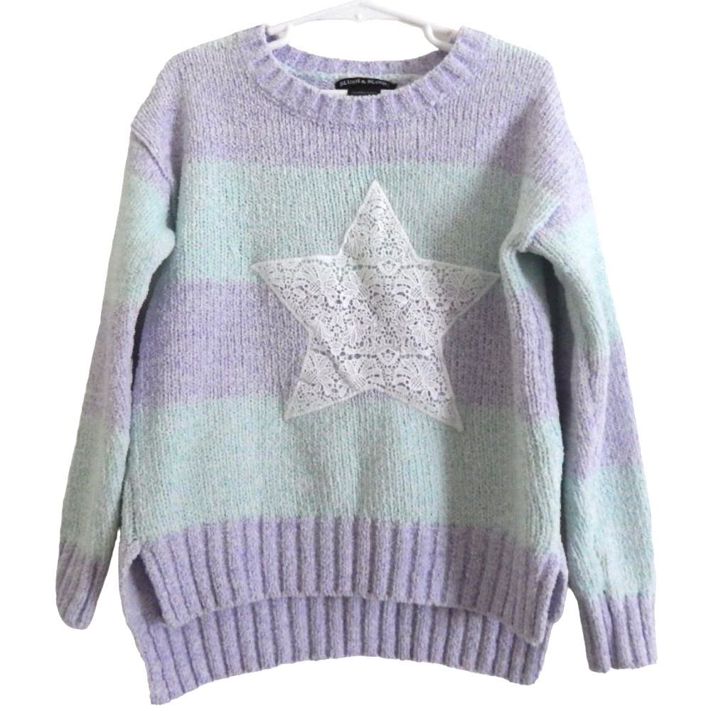 Blush and Bloom girls small mint teal purple striped chunky knit hi low sweater